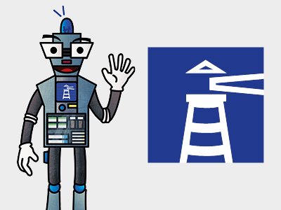 Ein Roboter auf grauem Hintergrund winkt freundlich in die Kamera. Auf der Brust des Roboter sowie rechts daneben ist das Icon der Aschenbachs Neue Ostsee Apotheke.