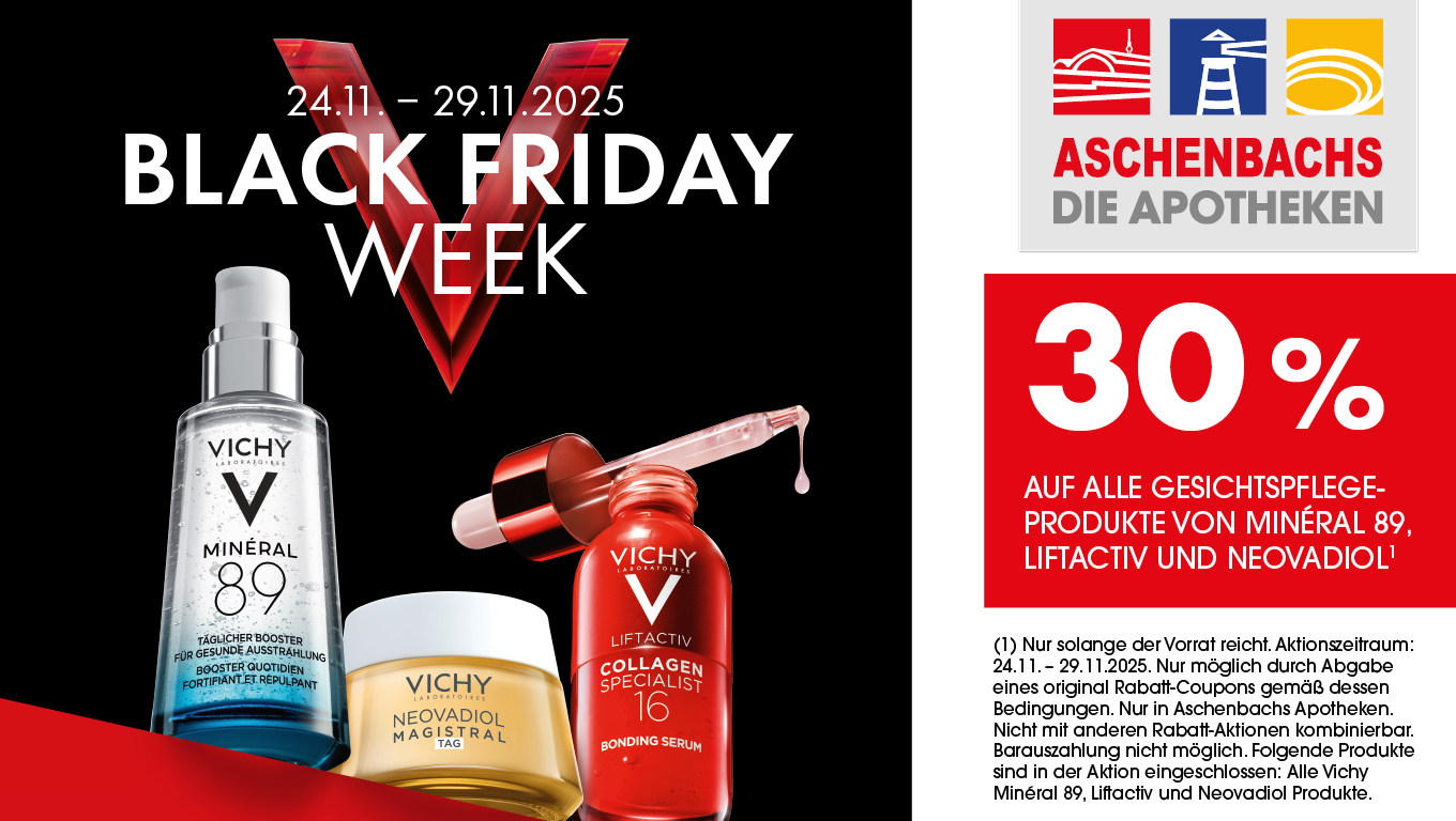 Angebot der Aschenbachs Apotheken. 30 % Rabatt auf alle Gesichtspflegeprodukte von Minéral 89, Liftactiv und Neovadiol von Vichy.