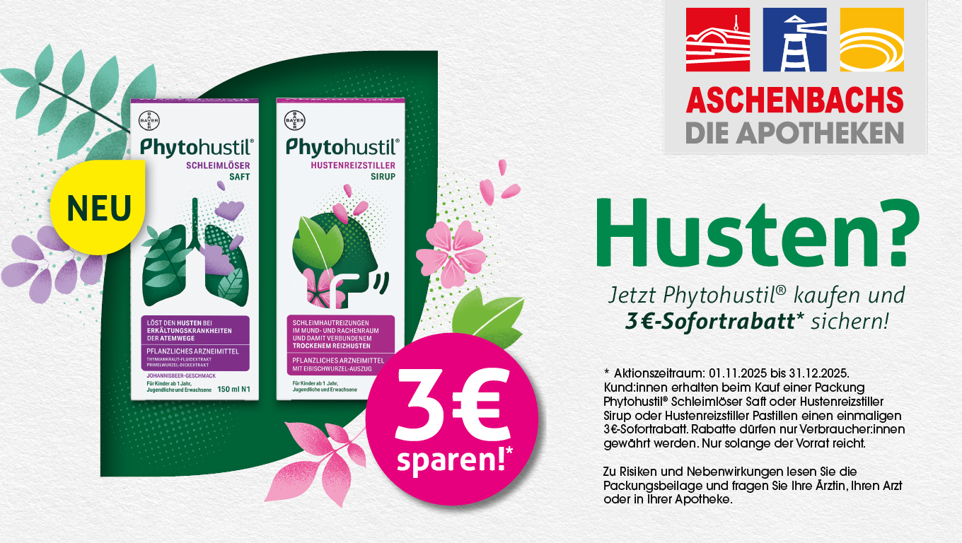 Angebot der Aschenbachs Apotheken. 3 € Rabatt beim Kauf von Phytohustil