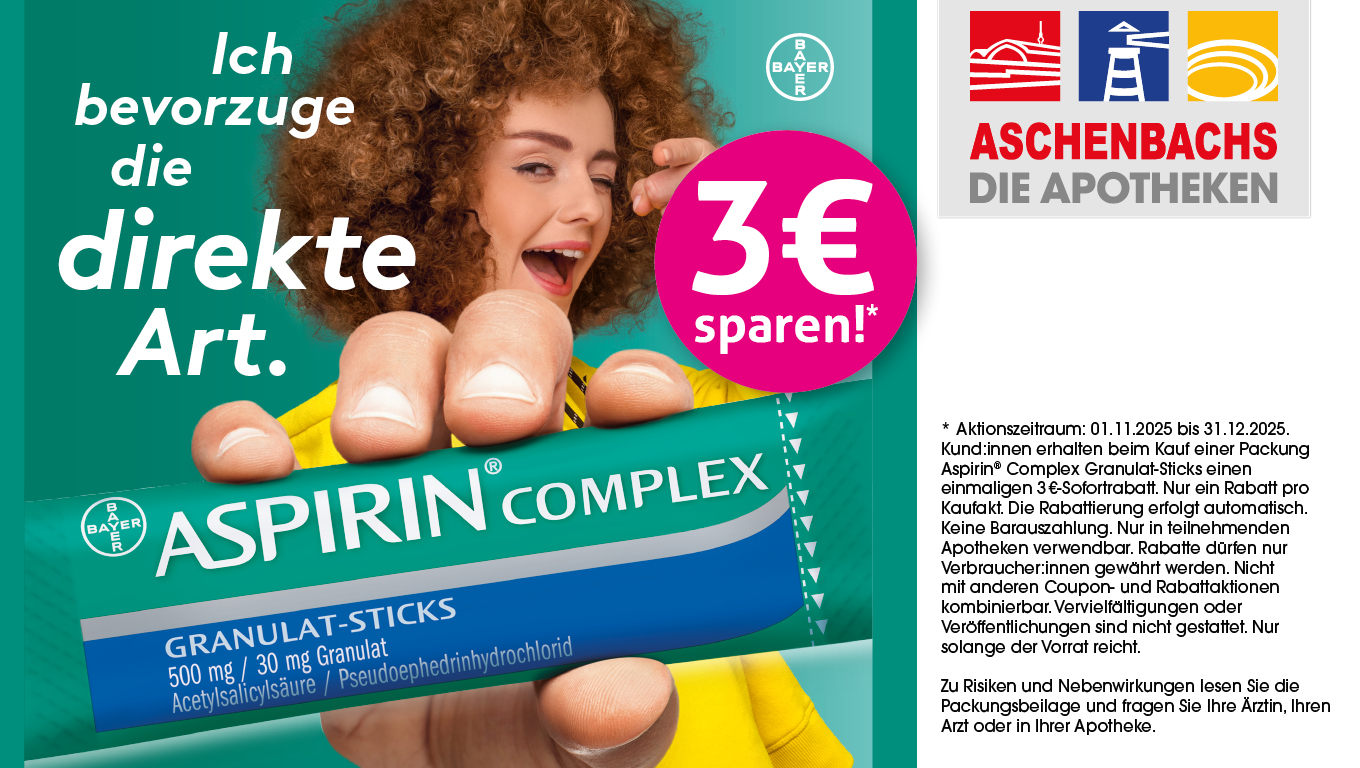 Angebot der Aschenbachs Apotheken. 3 € Rabatt beim Kauf Aspirin Complex Granulat-Sticks