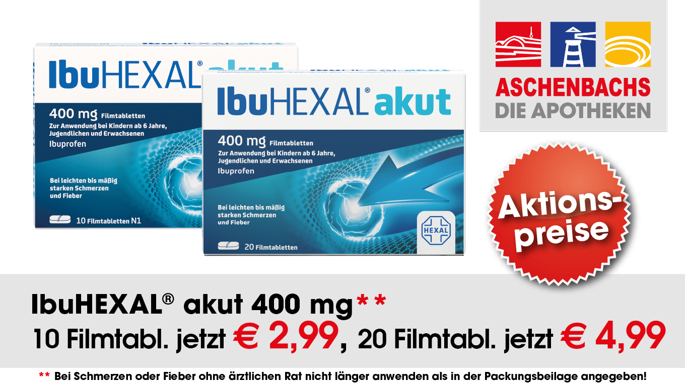 Angebot der Aschenbachs Apotheken für IbuHexal akut 400mg. 10 Stück zum Aktionspreis von 2,99 € und 20 Stück für 4,99 €