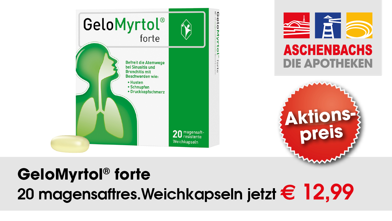 Angebot der Aschenbachs Apotheken für GeloMyrtol forte (20 Stück) zum Aktionspreis von 12,99 €