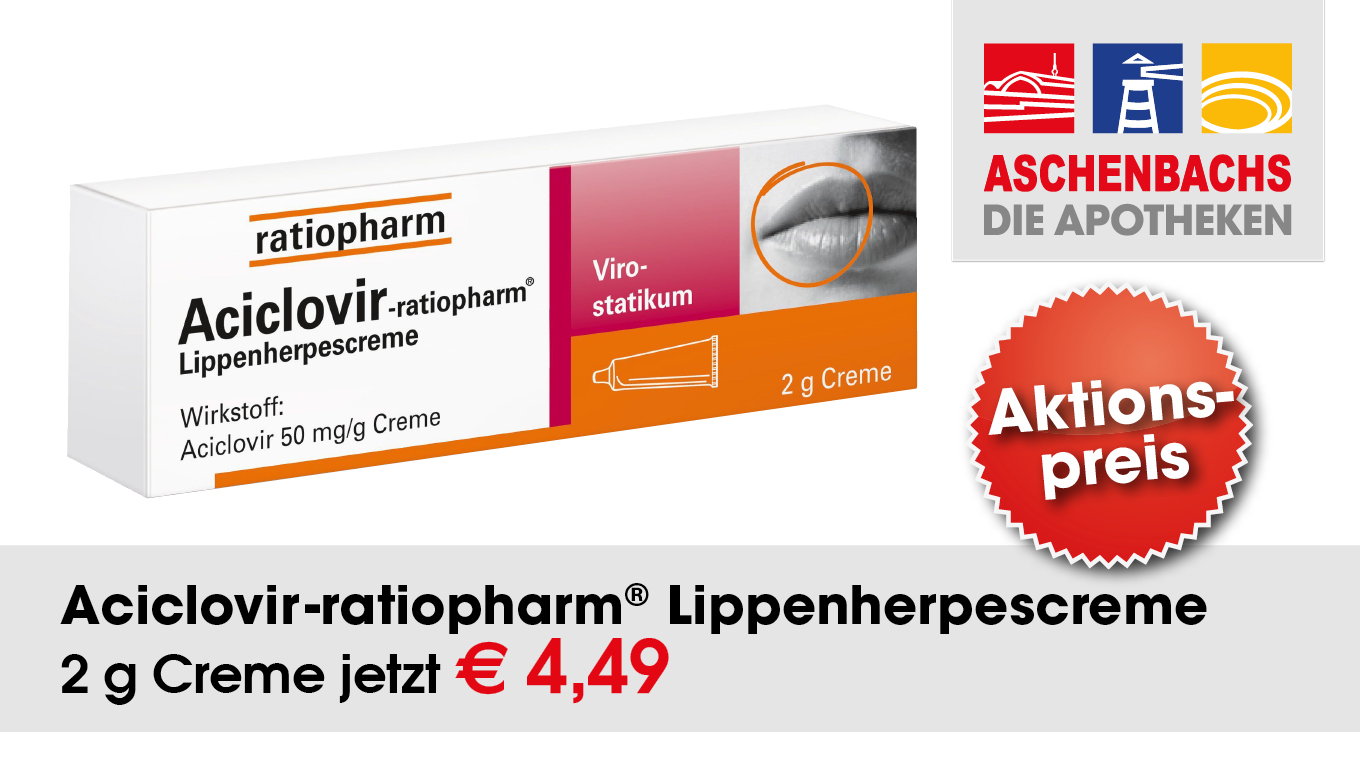 Angebot der Aschenbachs Apotheken für Aciclovir-ratiopharm Lippenherpescreme (2g) zum Aktionspreis von 4,49 €