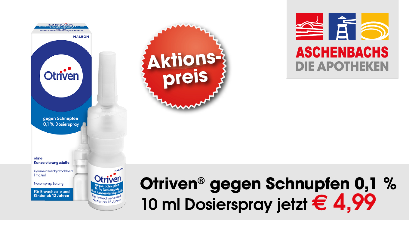 Angebot der Aschenbachs Apotheken für Otriven gegen Schnupfen 0,1% (10 ml) zum Aktionspreis von 4,99 €