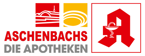 Gesamtlogo der Aschenbachs Apotheken. Oben 2 viereckige Icons mit einem Bahnhof und 3 ovalen. Darunter steht Aschenbachs die Apotheken, rechts daneben ist das Apotheken A in einem Kasten